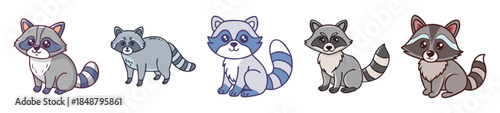 Five adorable cartoon raccoons with varying styles and colors captured in a charming artistic composition