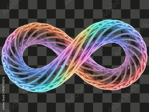 3D infinity symbol made of twisted glowing strands, vibrant neon rainbow gradient, concept of eternal motion and technology