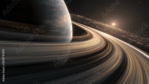Cosmic planet with majestic ring system in deep space, an awe inspiring background for solar system exploration, illuminated by distant star light in vast galaxy