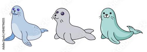 Three cute cartoon seals in shades of blue green and gray posed playfully together adorable marine mammals