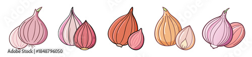 Five ripe shallots showcasing layered bulbs with delicate papery skins in varying pink and brown hues close up