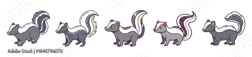 A delightful collection of five adorable skunks in various playful poses and dynamic stances presented in a grayscale format