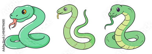 Three adorable cartoon green snakes curled and ready for fun scenes