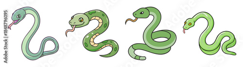 Four artistic depictions of snakes curled into playful shapes and numbers on a