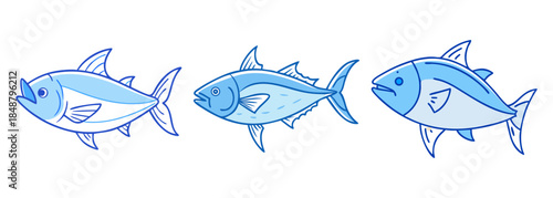 Collection of three cartoon blue tuna fish illustrations swimming in different directions