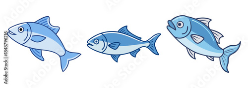 Three charming cartoon blue fish swimming in different poses against a white background