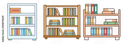 Collection of diverse bookcases filled with colorful books and binders in a flat design style