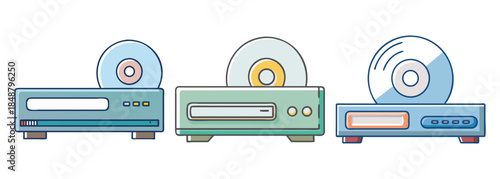 Set of three cartoonish compact disc players with discs, showcasing different designs