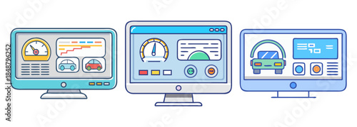 Advanced vehicle diagnostic systems displayed across multiple computer screens