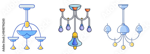 Elegant modern blue and yellow chandelier with three lights for contemporary interior design