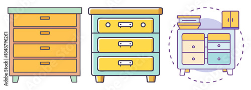 Colorful collection of modern dresser designs and drawer storage furniture illustration