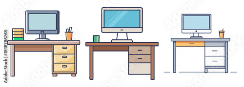 A collection of modern minimalist office desk setups with computers and essential workspace items