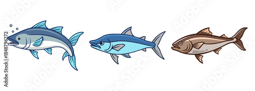 Variety of cartoon fish illustrations featuring different species and colors for aquatic themes