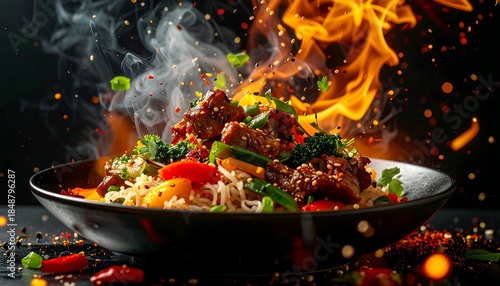 Stir-fried noodles in a bowl with flying spices, veggies, flame background, and steam rising from hot dish