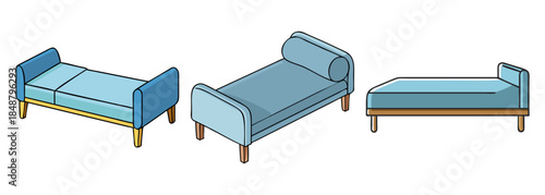 Isometric illustration featuring three distinct light blue beds and daybeds for home decor