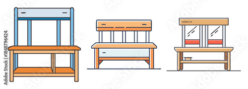 Collection of three modern wooden hallway benches with storage and seating solutions