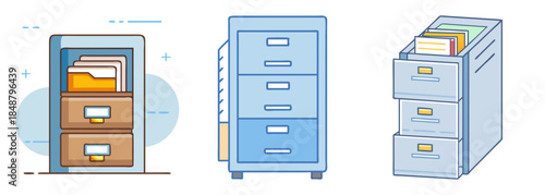 Illustrations of various filing cabinets for office document organization and storage solutions
