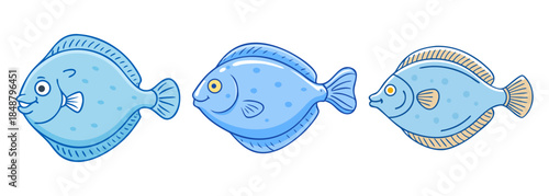 A charming collection of three blue cartoon fish, each with unique expressions and shapes