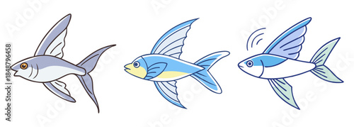 A collection of cartoon flying fish displaying their distinctive large pectoral fins