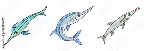 Collection of three unique long-snouted fish illustrations swimming in vibrant blue hues