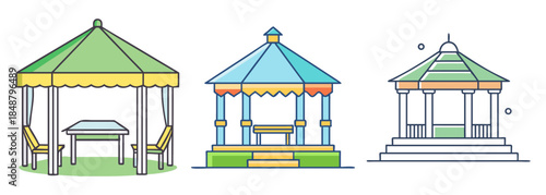 Collection of three distinctive outdoor gazebos and pavilions for garden and park decoration