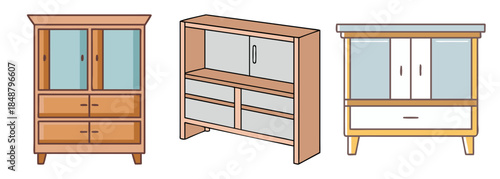 Diverse collection of wooden furniture featuring three distinct cabinets for home storage solutions