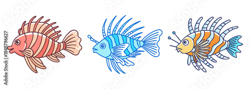 A vibrant collection of three colorful cartoon fish with unique spiky fins and stripes