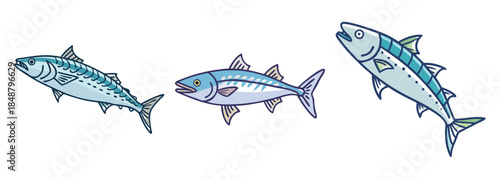 Illustrative depiction of three similar light blue fish with distinct markings swimming together