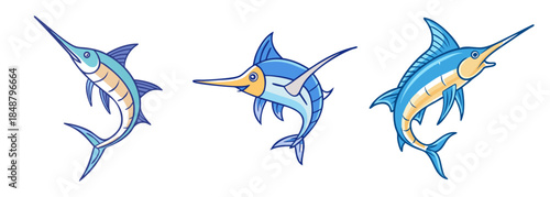 Vibrant collection of three cartoon marlin fish showcasing their unique pointed snouts and fins