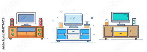 Diverse home entertainment setups showcasing televisions on various media consoles