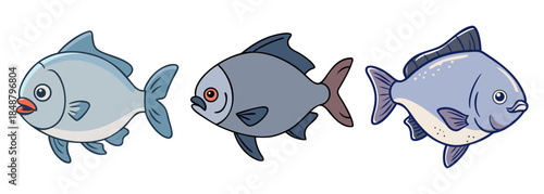 Three cute cartoon fish with various expressions and colors swimming underwater illustration
