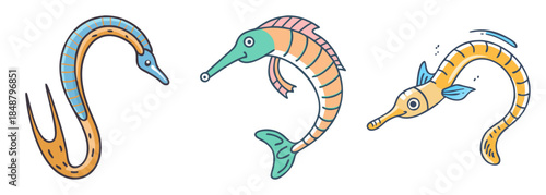 Illustrative collection of vibrant cartoon pipefish and seahorse-like marine creatures