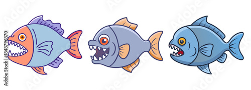 Three distinct cartoon piranha fish with sharp teeth and menacing expressions