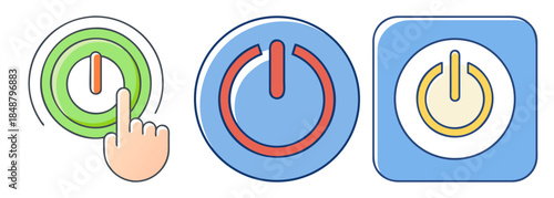 Variety of power and on/off buttons in different shapes and colors for digital use