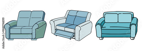 A collection of comfortable two-seater sofas in various shades of blue and modern designs for your living space