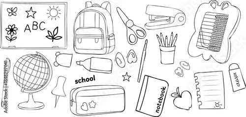 Hand drawn school doodle vector set with backpack, notebook, pencil case, scissors, globe, ruler, crayons and education symbols. Cute black line doodles for kids education, back to school designs