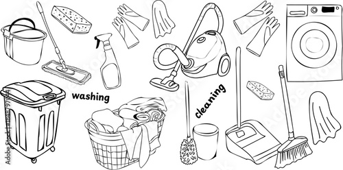 Cleaning doodle elements set isolated on transparent background, vector collection