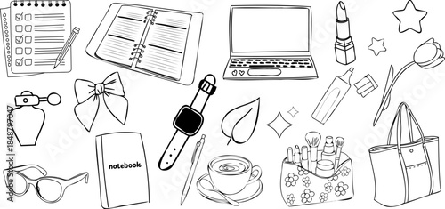 Feminine Doodles set isolated on transparent background, vector collection