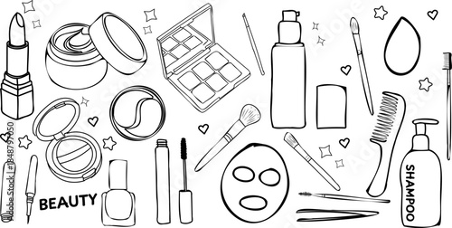 Beauty & Self-care doodle set isolated on transparent background. Vector illustration