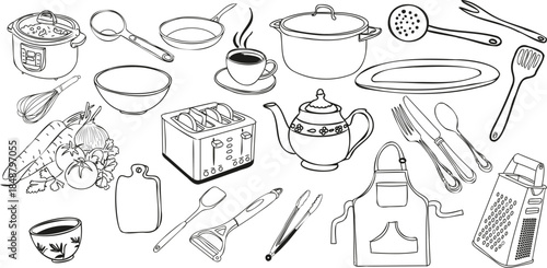 Doodle set of kitchen utensils isolated on transparent background