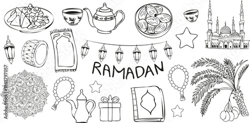 Ramadan Kareem doodle set isolated on transparent background. Vector elemens like crescent moons, lanterns, dates, and prayer beads