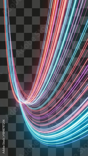 Abstract neon glowing light trails, flowing data stream design element, futuristic vibrant energy lines background