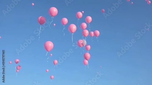 Pink balloons ascend together into a clear blue sky on a sunny day