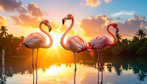 Three pink flamingos stand in water at sunset, reflecting golden light with silhouettes of tropical trees behind