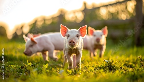 Three pink piglets explore a sunny grassy field, basking in golden light near a rustic wooden fence