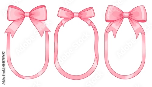 Three pink ribbon frames with bows; oval shapes; soft tones; digital illustration