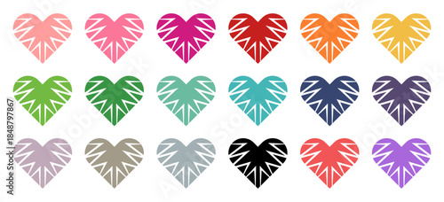 Vibrant heart vector set with white geometric zig zag patterns in multiple colors vector illustration