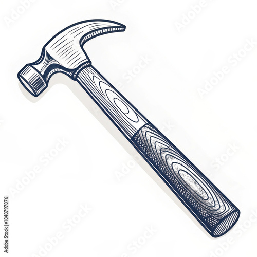 Hammer illustration in line art design with wooden handle texture  