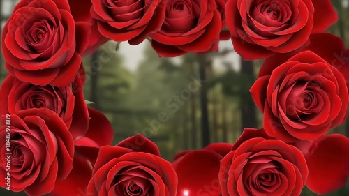 Lush red roses intricately arranged into a perfect circular frame, providing a vibrant and elegant border for a softly blurred, tranquil forest background, embodying natural beauty and romance