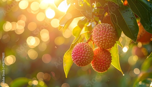 Three ripe lychees hang from a branch, bathed in warm sunlight, bokeh background, highlighting vibrant colors and textures